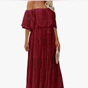 Elegant Off-Shoulder Red Floral Lace Maxi Dress